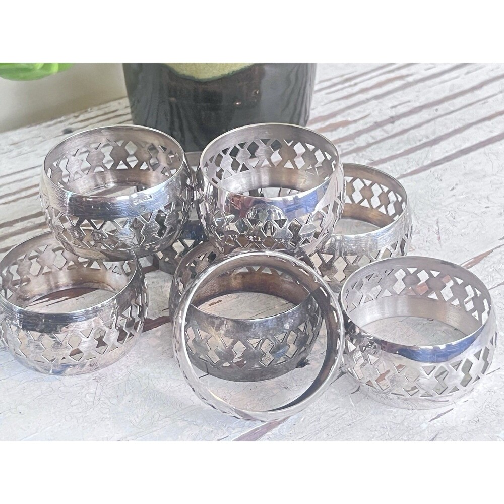 Vintage English Ornate Silver Plated EPNS Napkin Rings Tableware (Set Of 8)